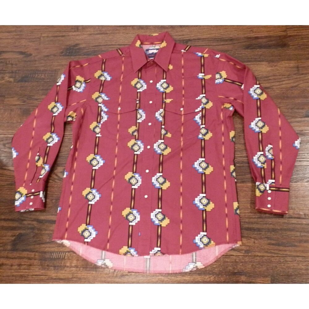 Vintage Wrangler MC4521A Red Western Brushpopper Shirt Pearl Snaps Mens Large